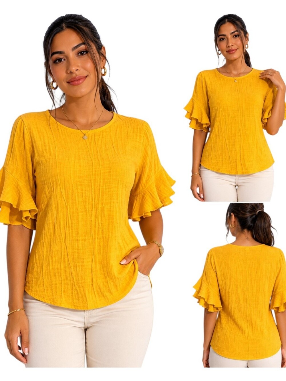L.N. Studio Petite Mustard Yellow Ruffle Sleeve Blouse Top Plus Size PXL.